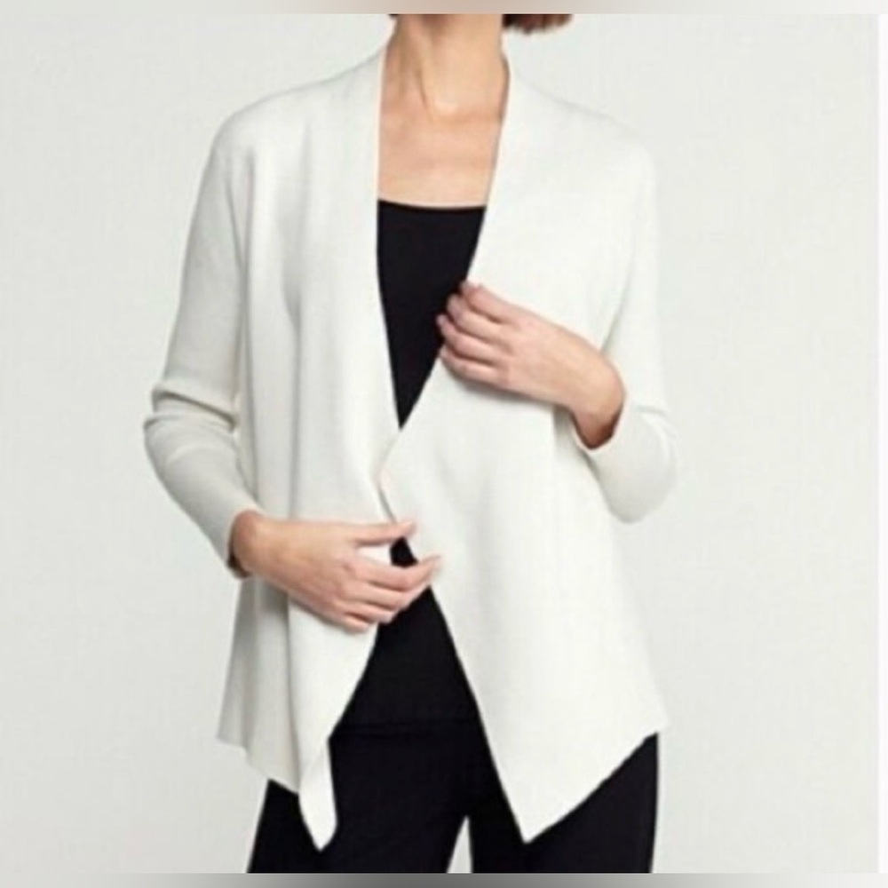 Eileen Fisher Sz M Cardigan Sweater Cream Silk Cotton Angled Front